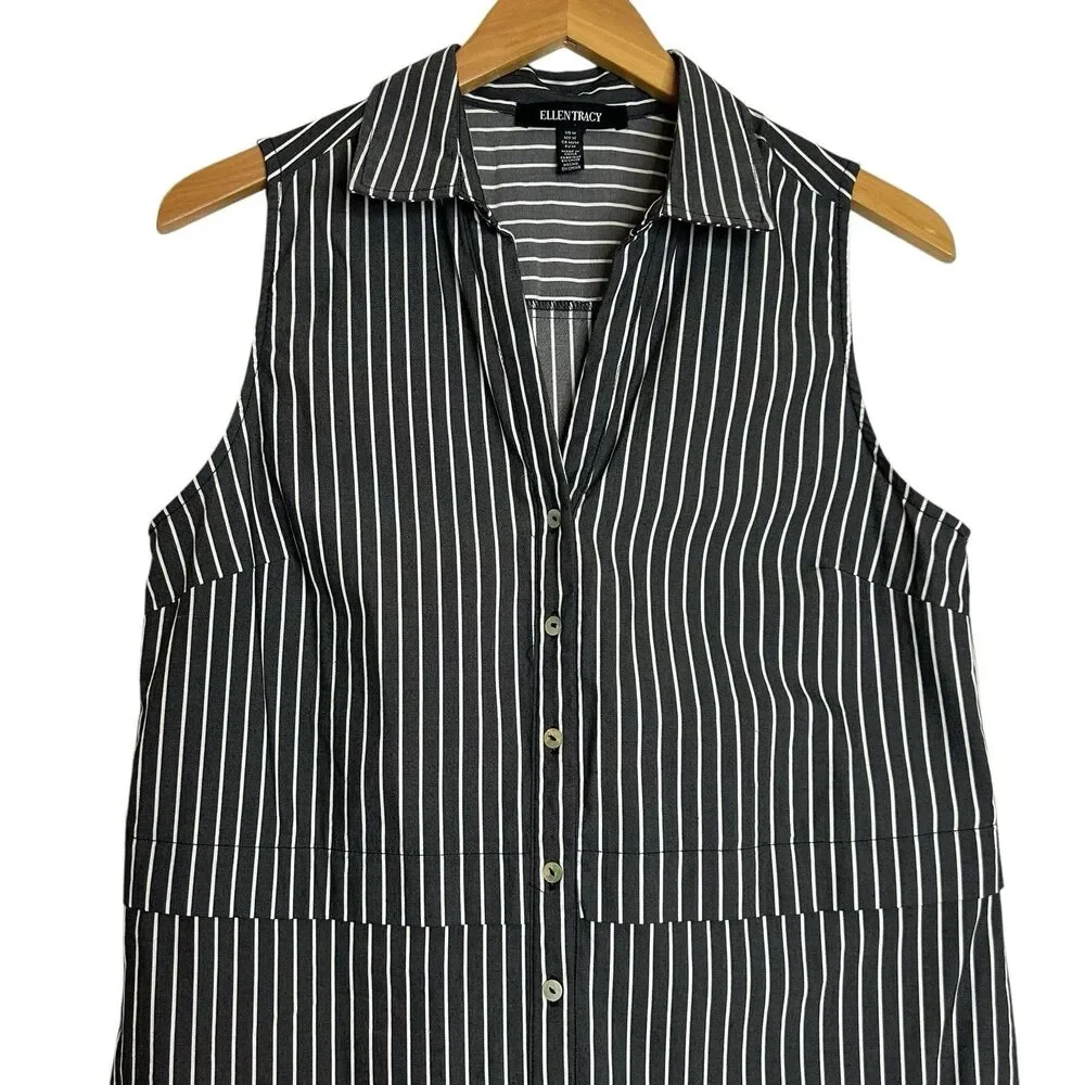 Ellen Tracy Button Front Shirt Dress Size MED Striped Sleeveless Charcoal Gray